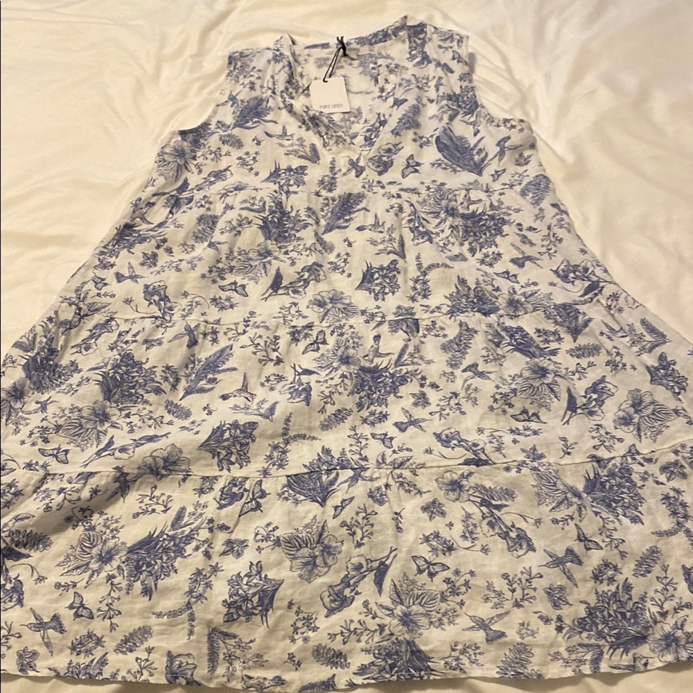 Italian Linen Floral Blue and White Sleeveless Dress